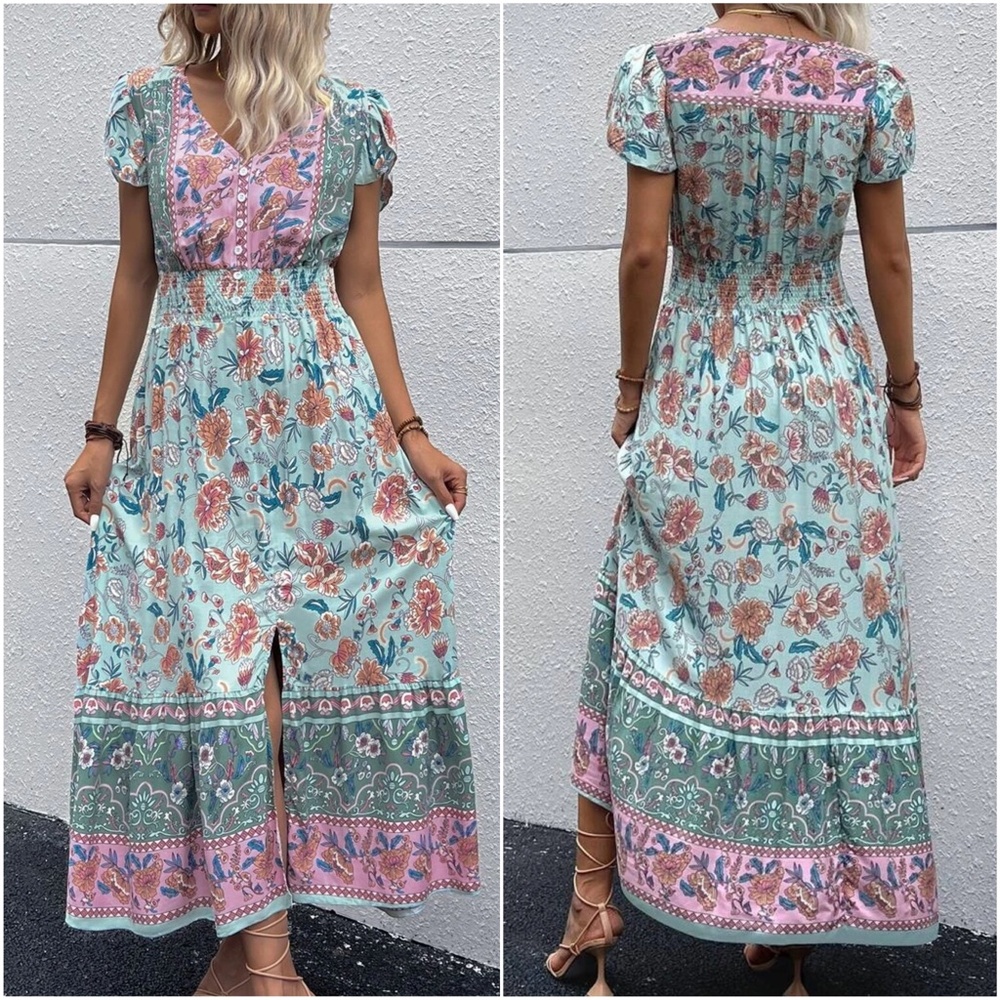 Boho Red Floral Print Butterfly Sleeve Button Detail Dress - Picture 4 of 8